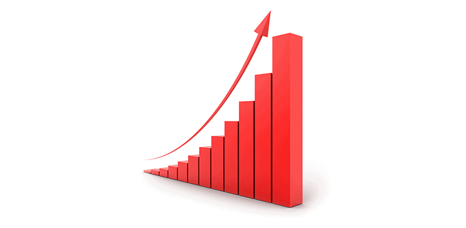 A 3D bar graph with ascending bars with an arrow pointing diagonally upwards