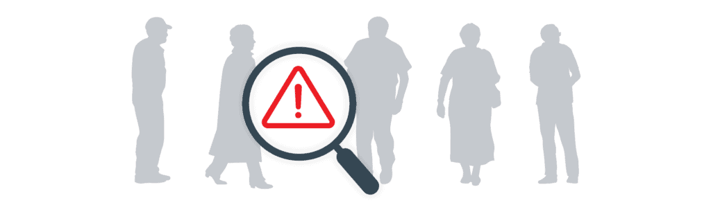 Elderly People with a magnifying glass and caution symbol
