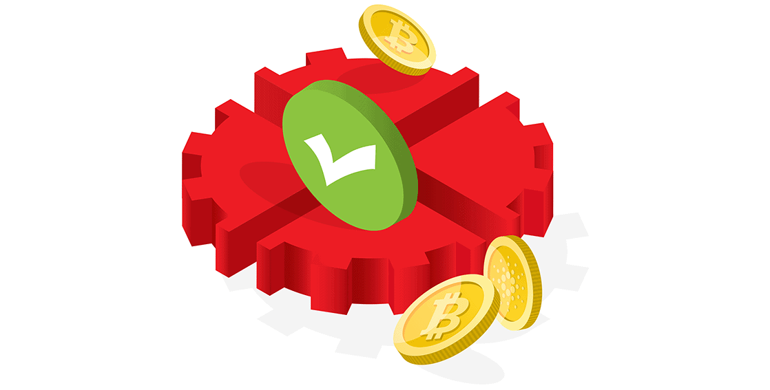 Gear, coins and check mark graphic