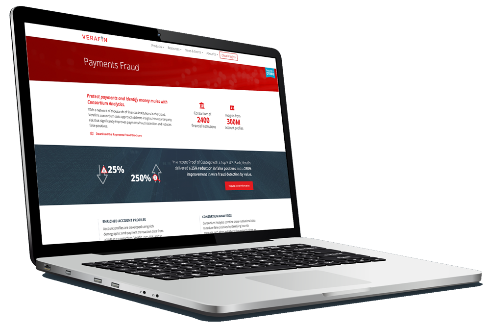 Laptop showing Verafin's Payments Fraud Solution page